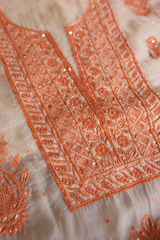 Saffron Peach Shade Noor Organza Silk Chikankari Unstitched Kurta Dupatta Set