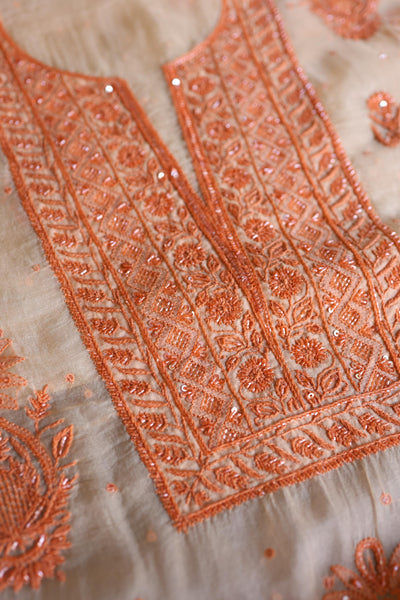 Saffron Peach Shade Noor Organza Silk Chikankari Unstitched Kurta Dupatta Set