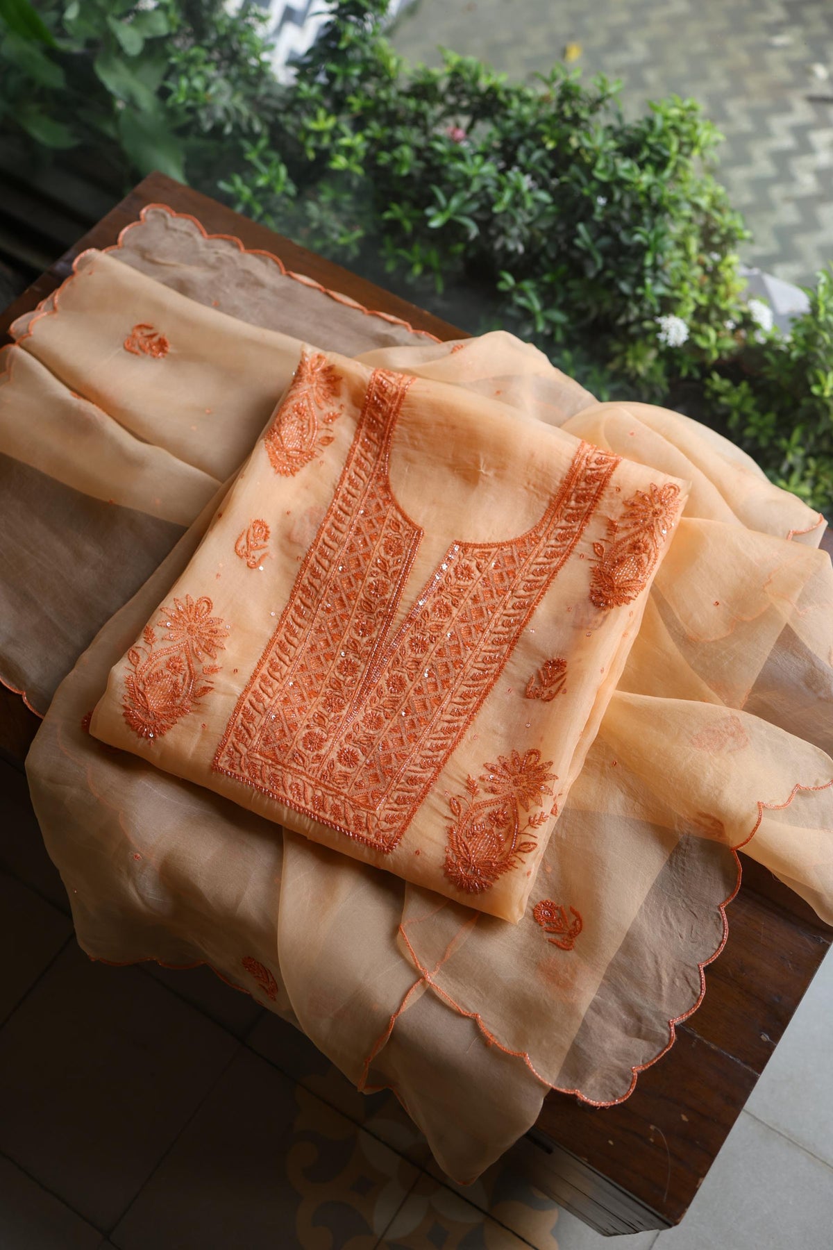 Saffron Peach Shade Noor Organza Silk Chikankari Unstitched Kurta Dupatta Set
