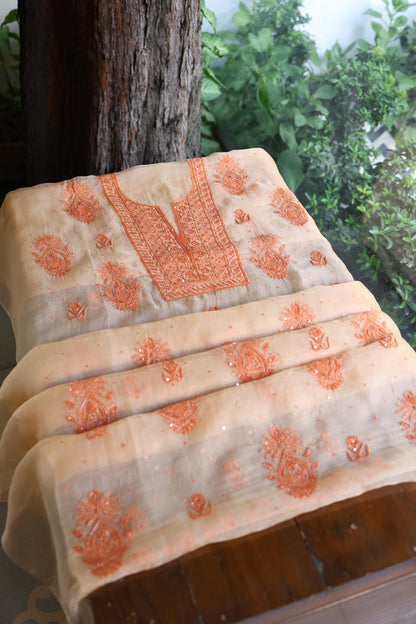 Saffron Peach Shade Noor Organza Silk Chikankari Unstitched Kurta Dupatta Set
