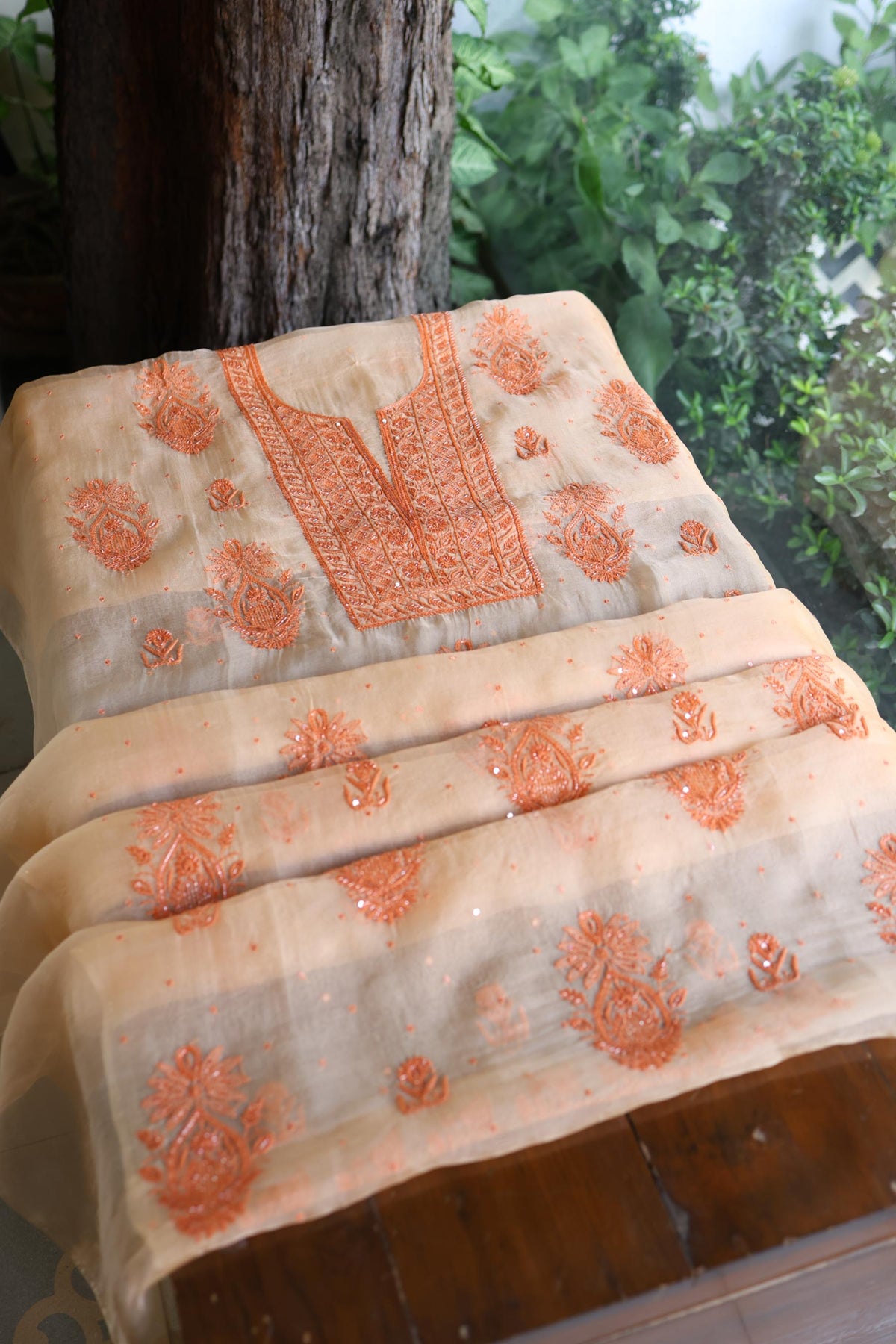 Saffron Peach Shade Noor Organza Silk Chikankari Unstitched Kurta Dupatta Set