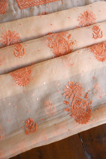 Saffron Peach Shade Noor Organza Silk Chikankari Unstitched Kurta Dupatta Set