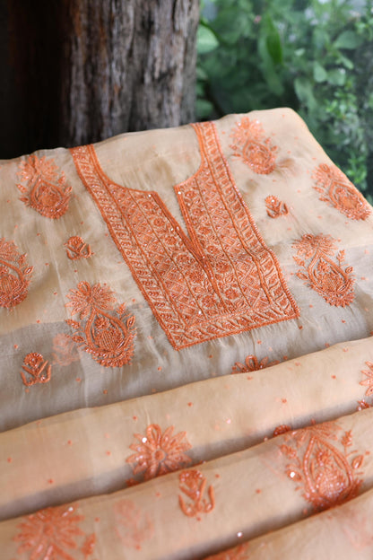 Saffron Peach Shade Noor Organza Silk Chikankari Unstitched Kurta Dupatta Set
