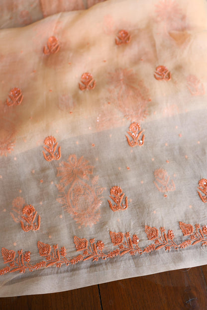 Saffron Peach Shade Noor Organza Silk Chikankari Unstitched Kurta Dupatta Set
