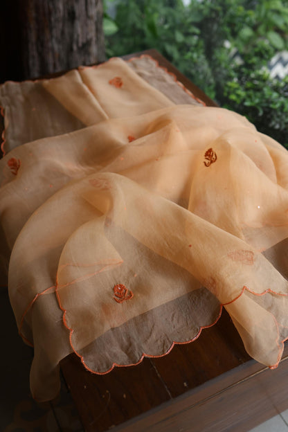 Saffron Peach Shade Noor Organza Silk Chikankari Unstitched Kurta Dupatta Set