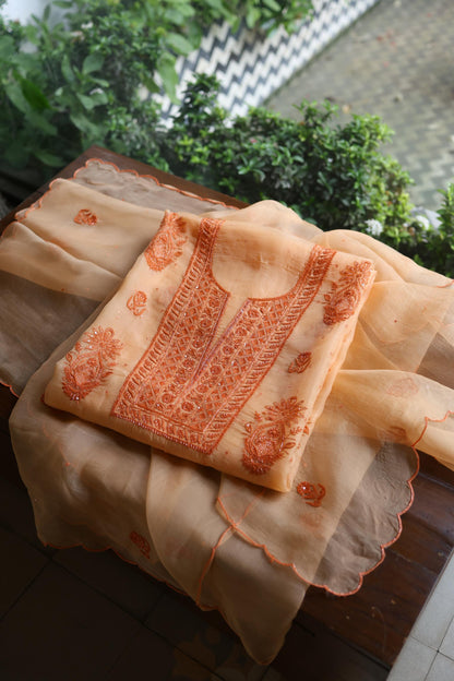 Saffron Peach Shade Noor Organza Silk Chikankari Unstitched Kurta Dupatta Set