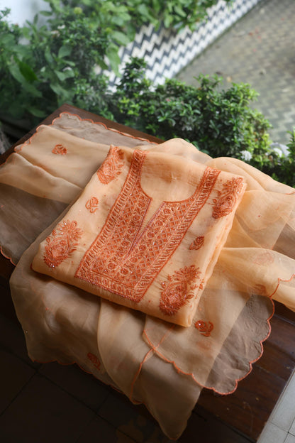 Saffron Peach Shade Noor Organza Silk Chikankari Unstitched Kurta Dupatta Set