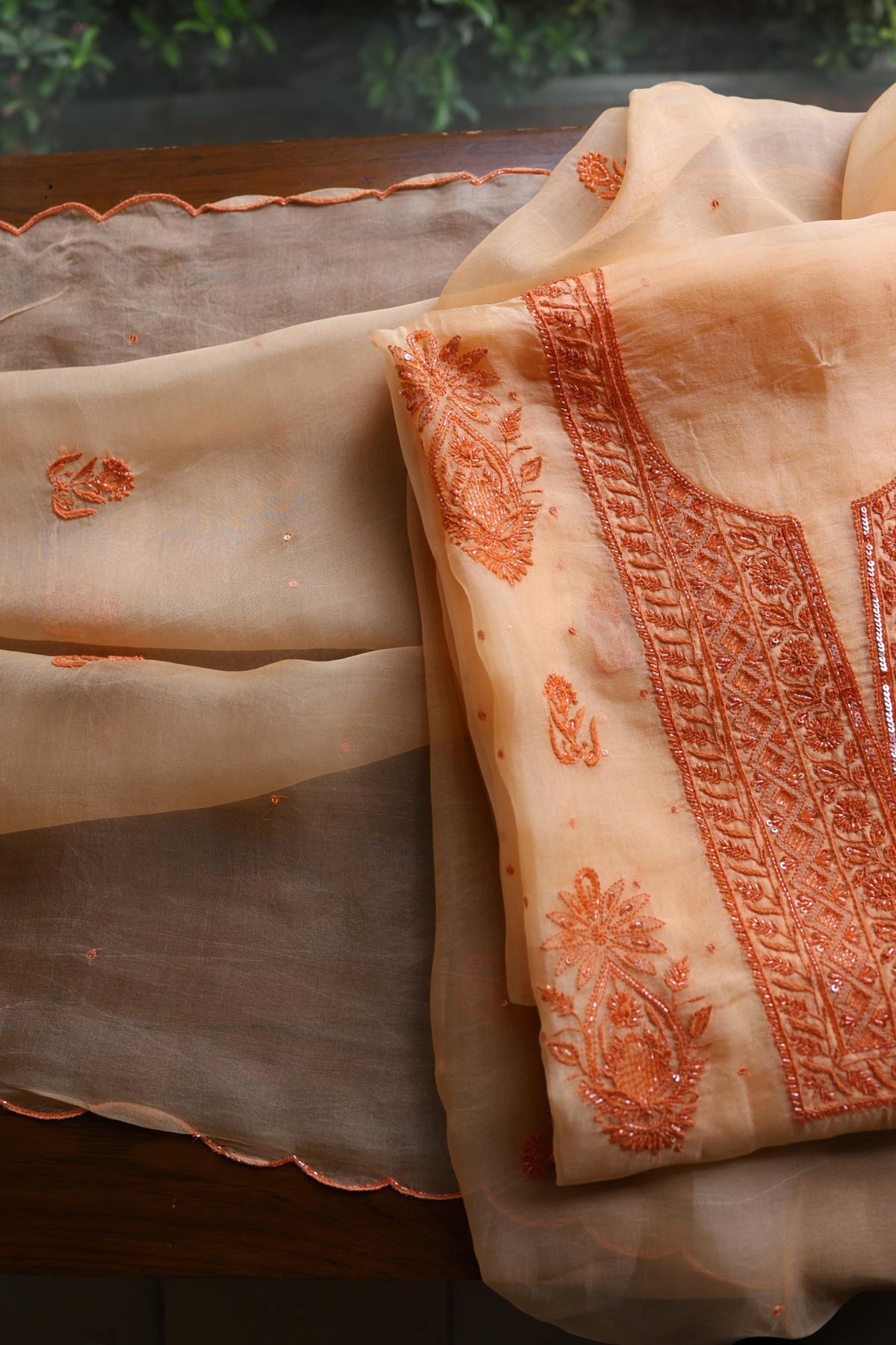 Saffron Peach Shade Noor Organza Silk Chikankari Unstitched Kurta Dupatta Set
