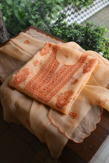 Saffron Peach Shade Noor Organza Silk Chikankari Unstitched Kurta Dupatta Set