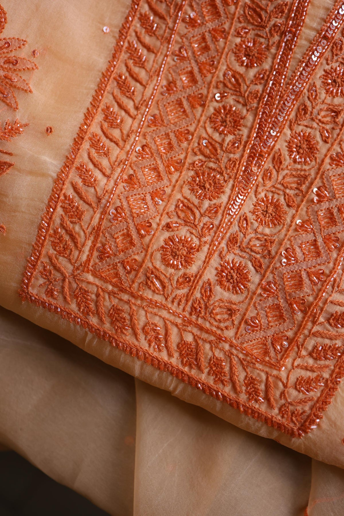 Saffron Peach Shade Noor Organza Silk Chikankari Unstitched Kurta Dupatta Set
