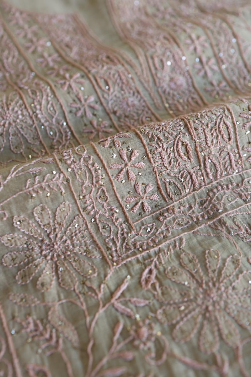 Sage Brown Mul Cotton Fine Chikankari With Kamdani Work Unstitched Fabric