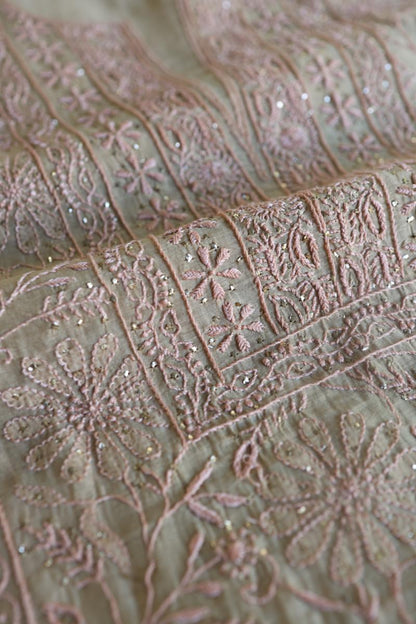 Sage Brown Mul Cotton Fine Chikankari With Kamdani Work Unstitched Fabric