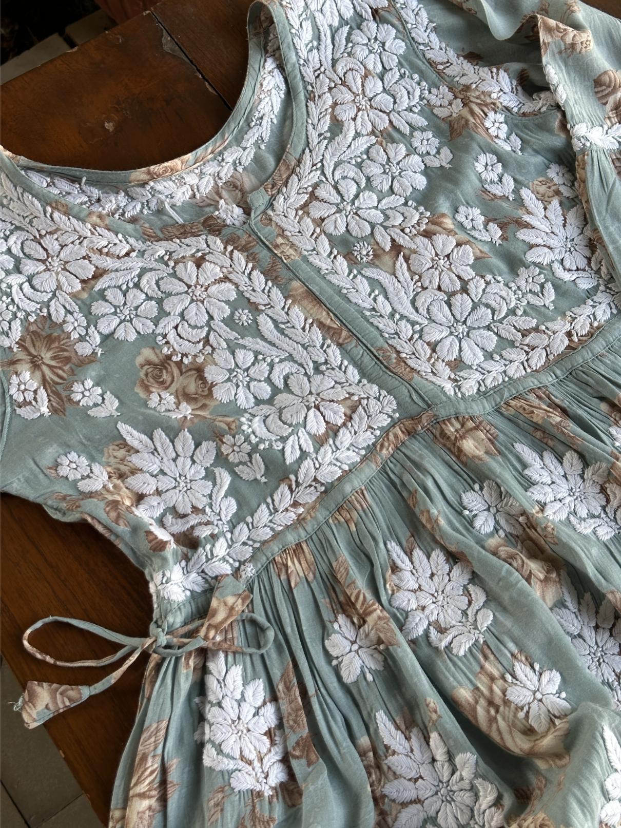Sage Bloom Floral Print Cotton Chikankari Long Kurta