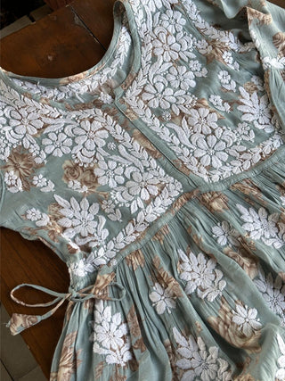 Sage Bloom Floral Print Cotton Chikankari Long Kurta