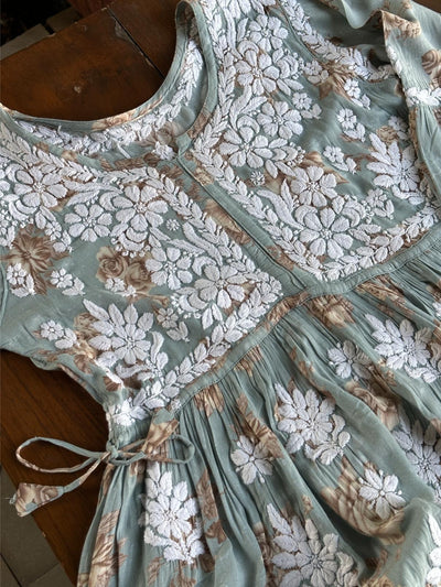 Sage Bloom Floral Print Cotton Chikankari Long Kurta