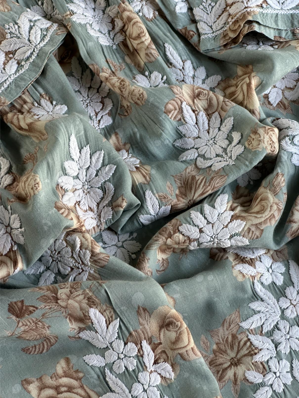 Sage Bloom Floral Print Cotton Chikankari Long Kurta