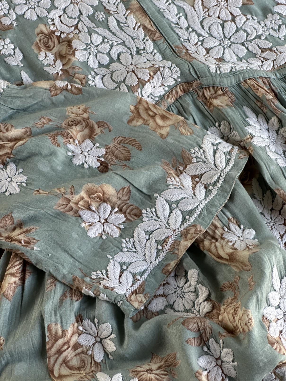 Sage Bloom Floral Print Cotton Chikankari Long Kurta