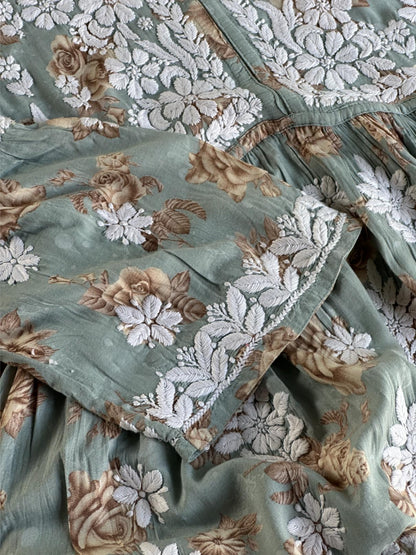 Sage Bloom Floral Print Cotton Chikankari Long Kurta