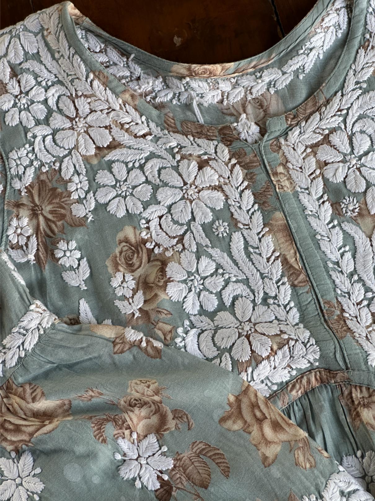 Sage Bloom Floral Print Cotton Chikankari Long Kurta
