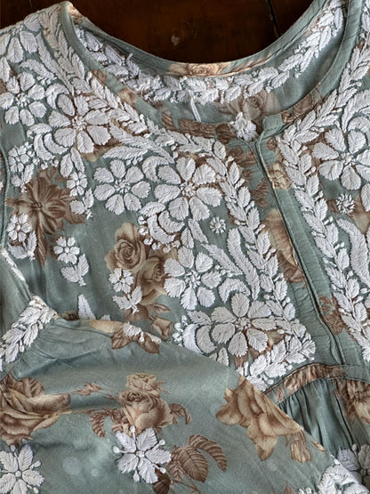 Sage Bloom Floral Print Cotton Chikankari Long Kurta