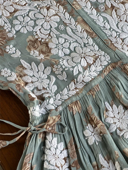 Sage Bloom Floral Print Cotton Chikankari Long Kurta