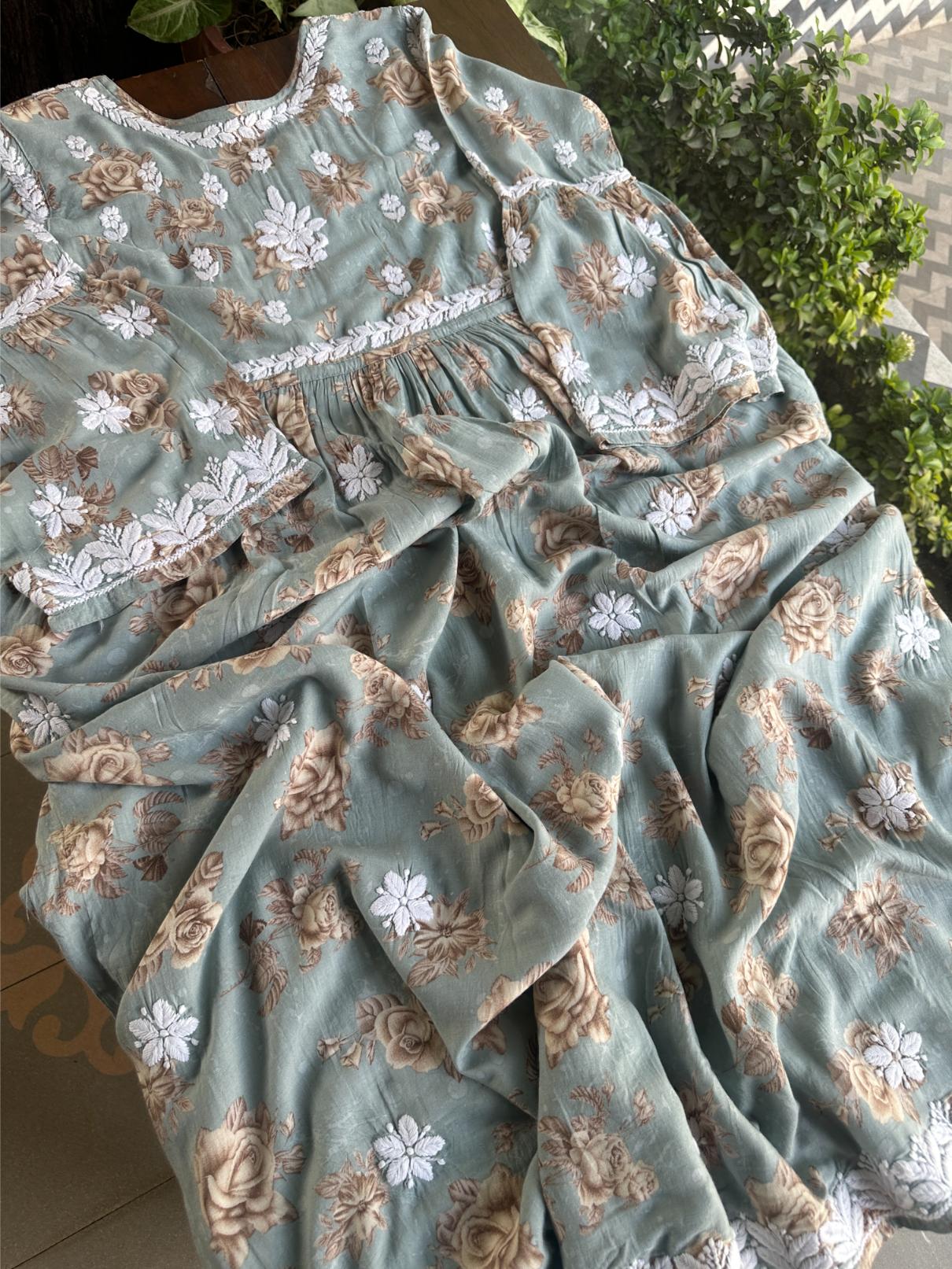 Sage Bloom Floral Print Cotton Chikankari Long Kurta
