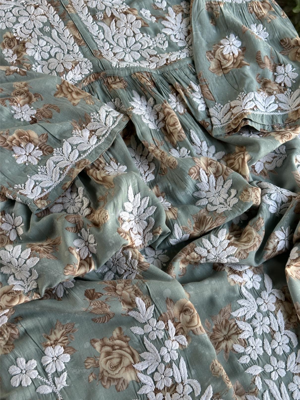 Sage Bloom Floral Print Cotton Chikankari Long Kurta