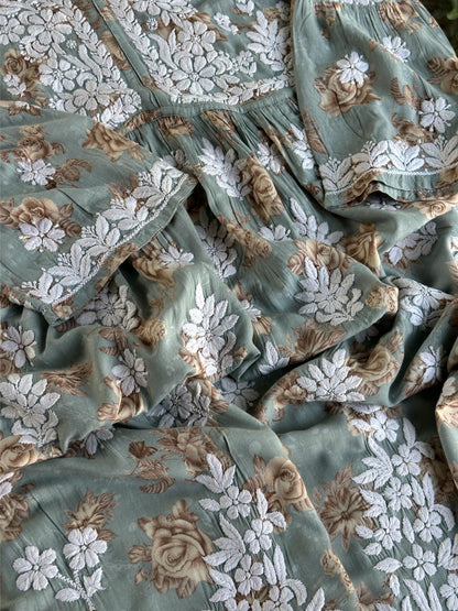 Sage Bloom Floral Print Cotton Chikankari Long Kurta
