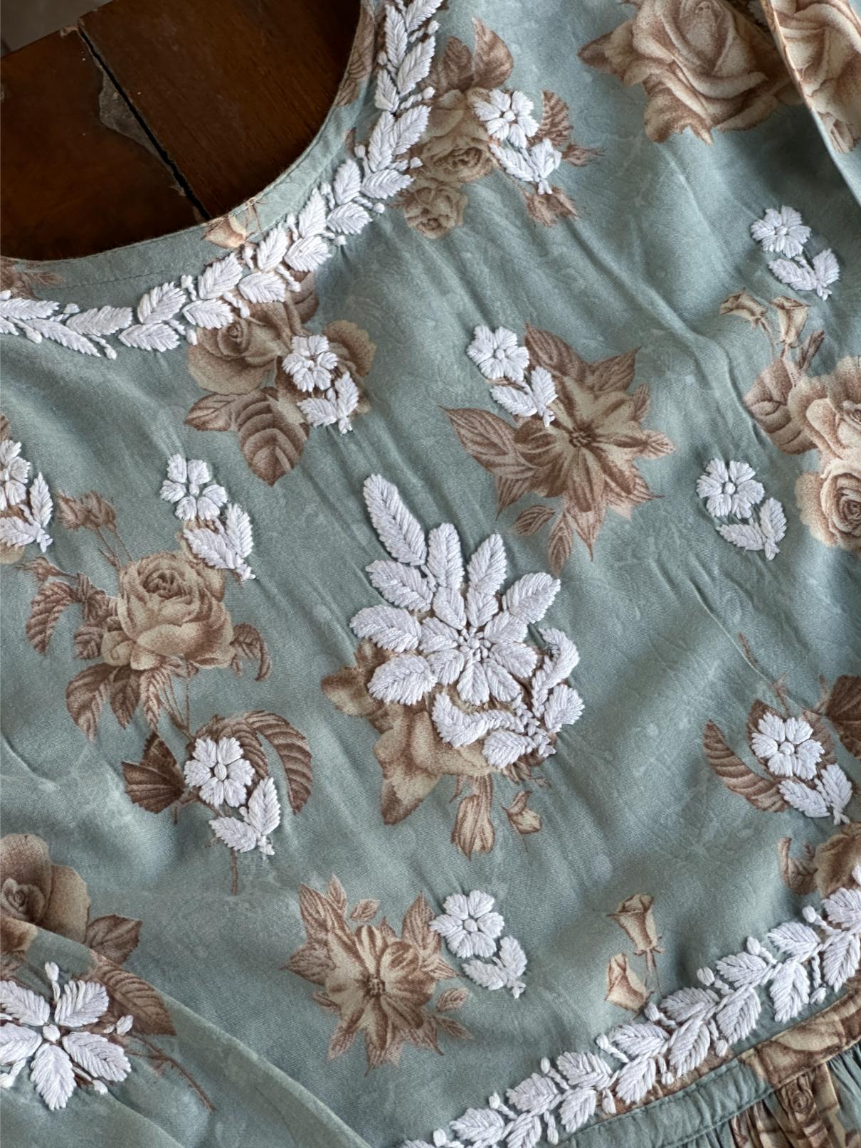 Sage Bloom Floral Print Cotton Chikankari Long Kurta