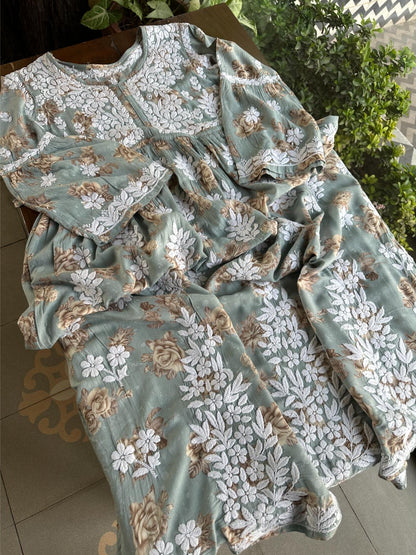 Sage Bloom Floral Print Cotton Chikankari Long Kurta