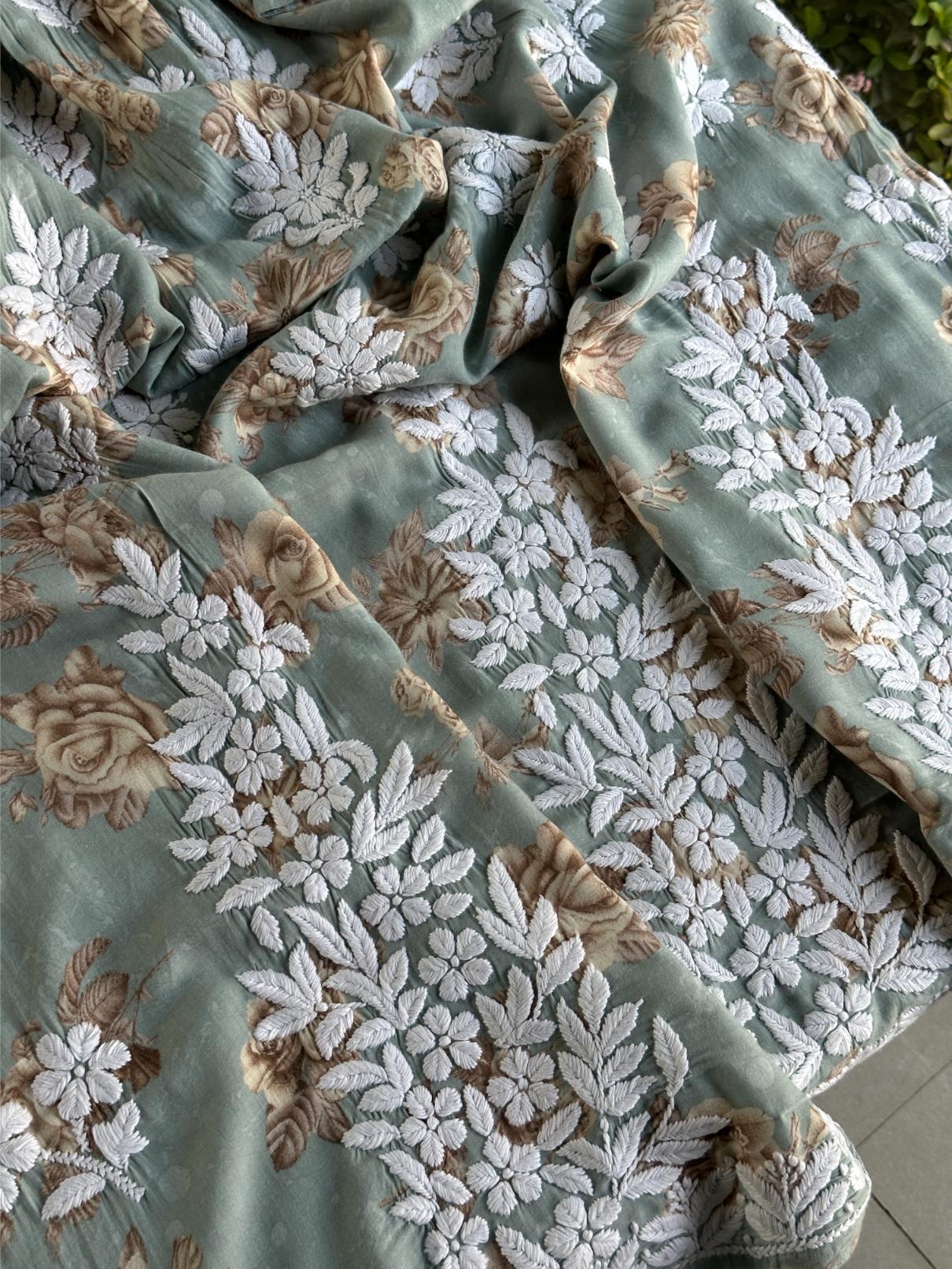 Sage Bloom Floral Print Cotton Chikankari Long Kurta