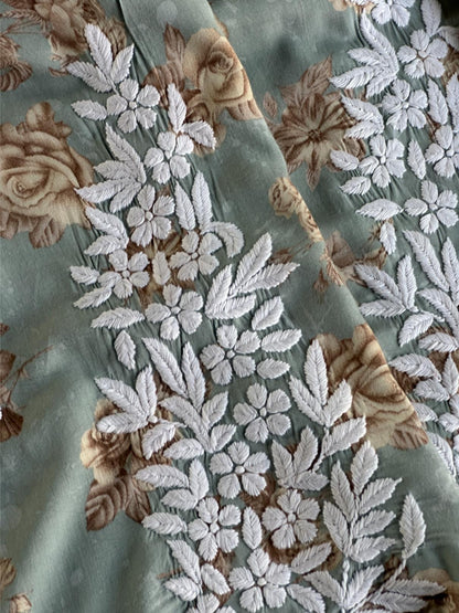 Sage Bloom Floral Print Cotton Chikankari Long Kurta