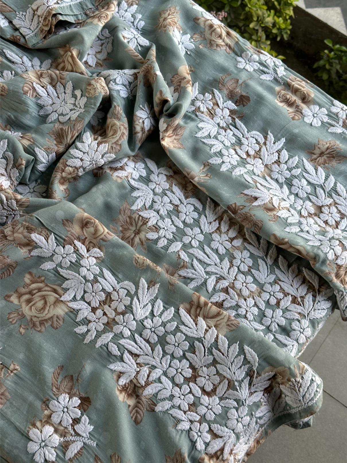 Sage Bloom Floral Print Cotton Chikankari Long Kurta