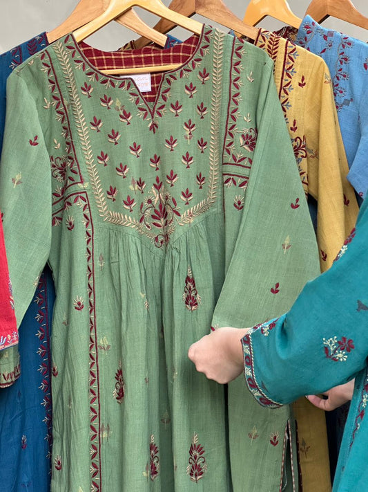Sage Green Handspun Malkha Chikankari Panel Kurta