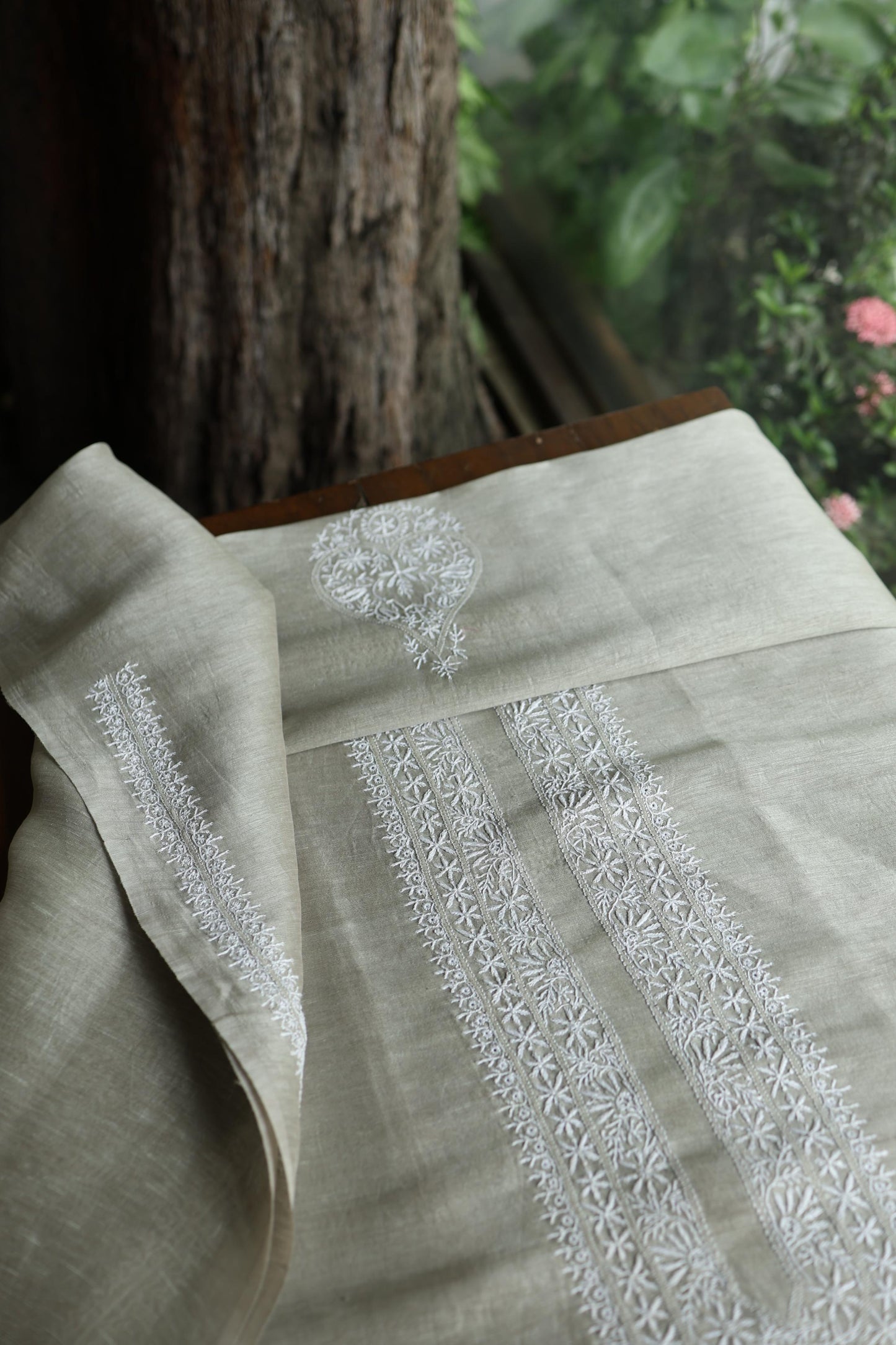 Sage Green Linen Chikankari Unstitched Men's Kurta Fabric