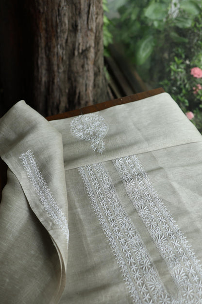 Sage Green Linen Chikankari Unstitched Men's Kurta Fabric
