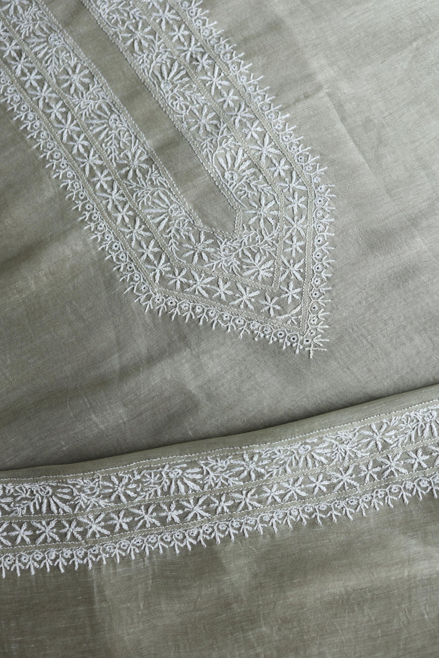 Sage Green Linen Chikankari Unstitched Men's Kurta Fabric