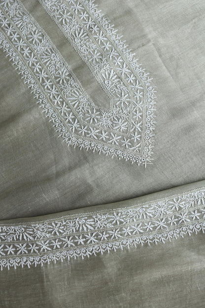 Sage Green Linen Chikankari Unstitched Men's Kurta Fabric