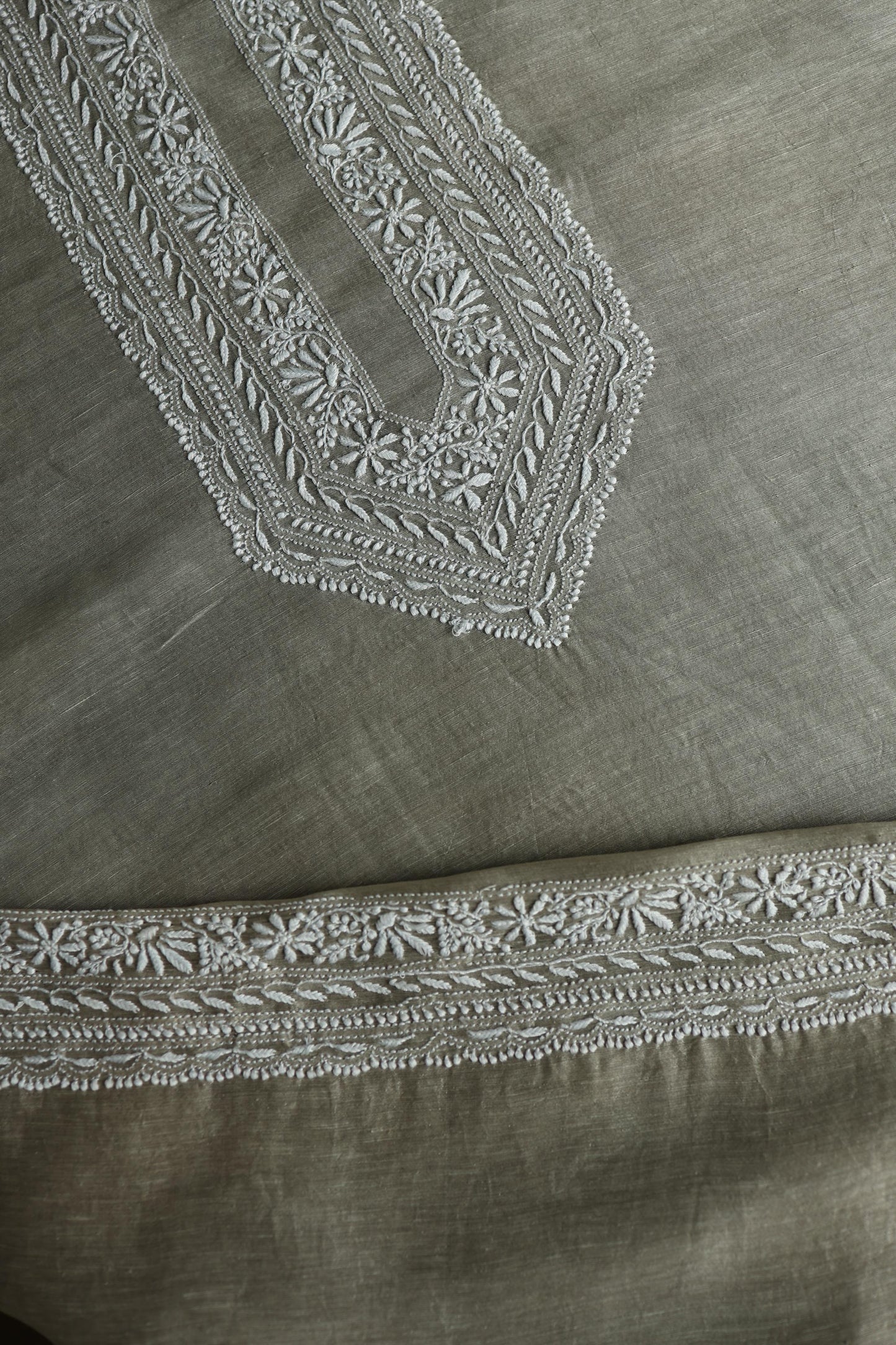 Sage Green Linen Chikankari Unstitched Men's Kurta Fabric