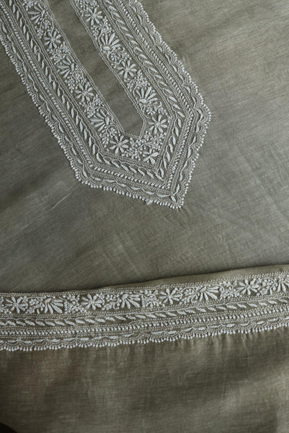 Sage Green Linen Chikankari Unstitched Men's Kurta Fabric