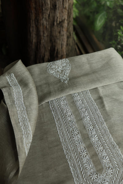 Sage Green Linen Chikankari Unstitched Men's Kurta Fabric