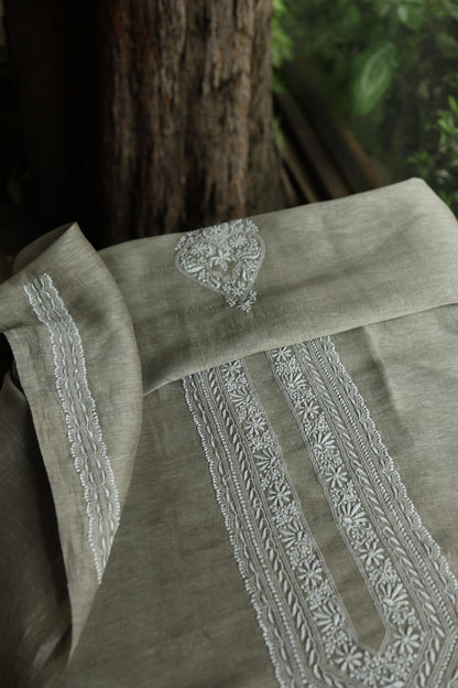 Sage Green Linen Chikankari Unstitched Men's Kurta Fabric