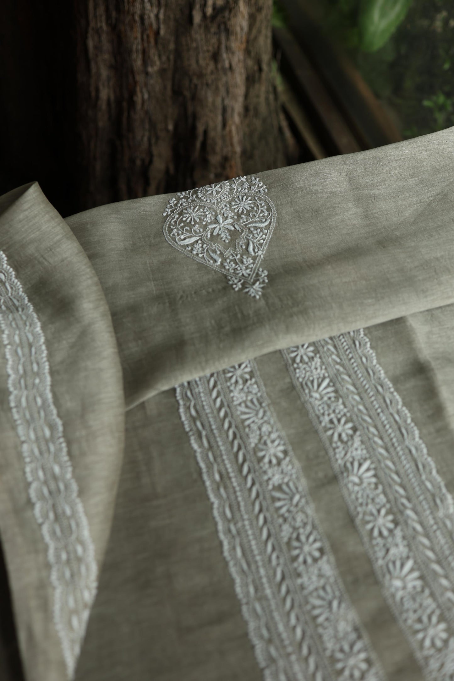 Sage Green Linen Chikankari Unstitched Men's Kurta Fabric