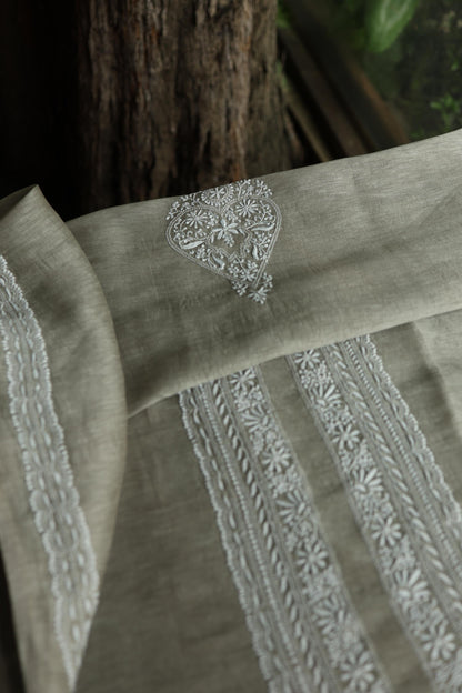 Sage Green Linen Chikankari Unstitched Men's Kurta Fabric
