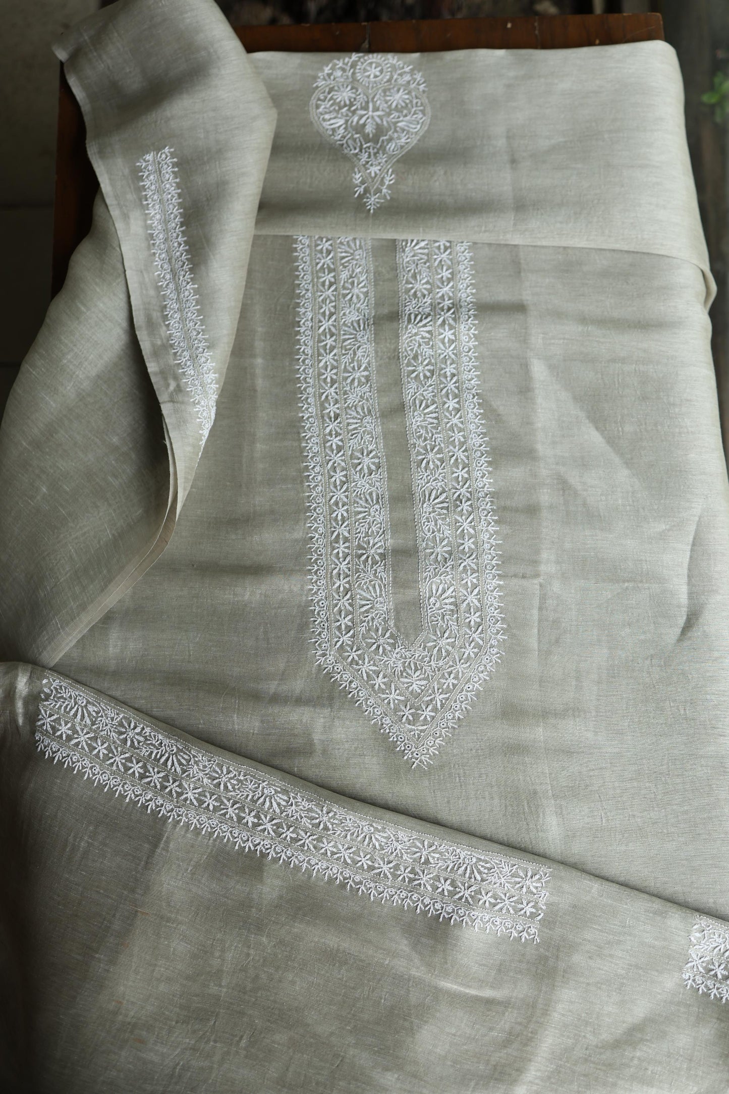 Sage Green Linen Chikankari Unstitched Men's Kurta Fabric