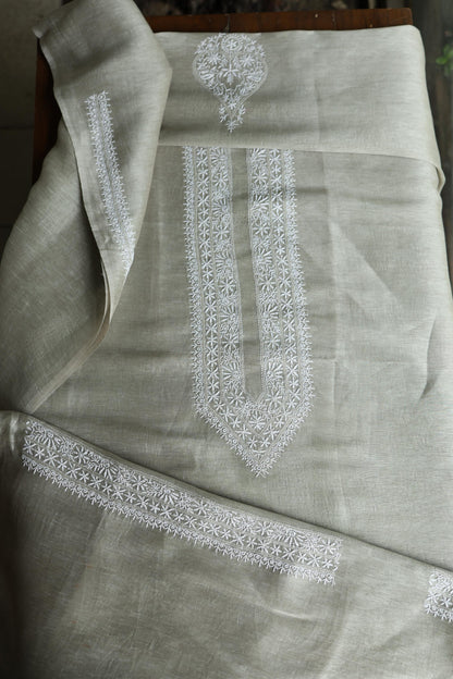 Sage Green Linen Chikankari Unstitched Men's Kurta Fabric