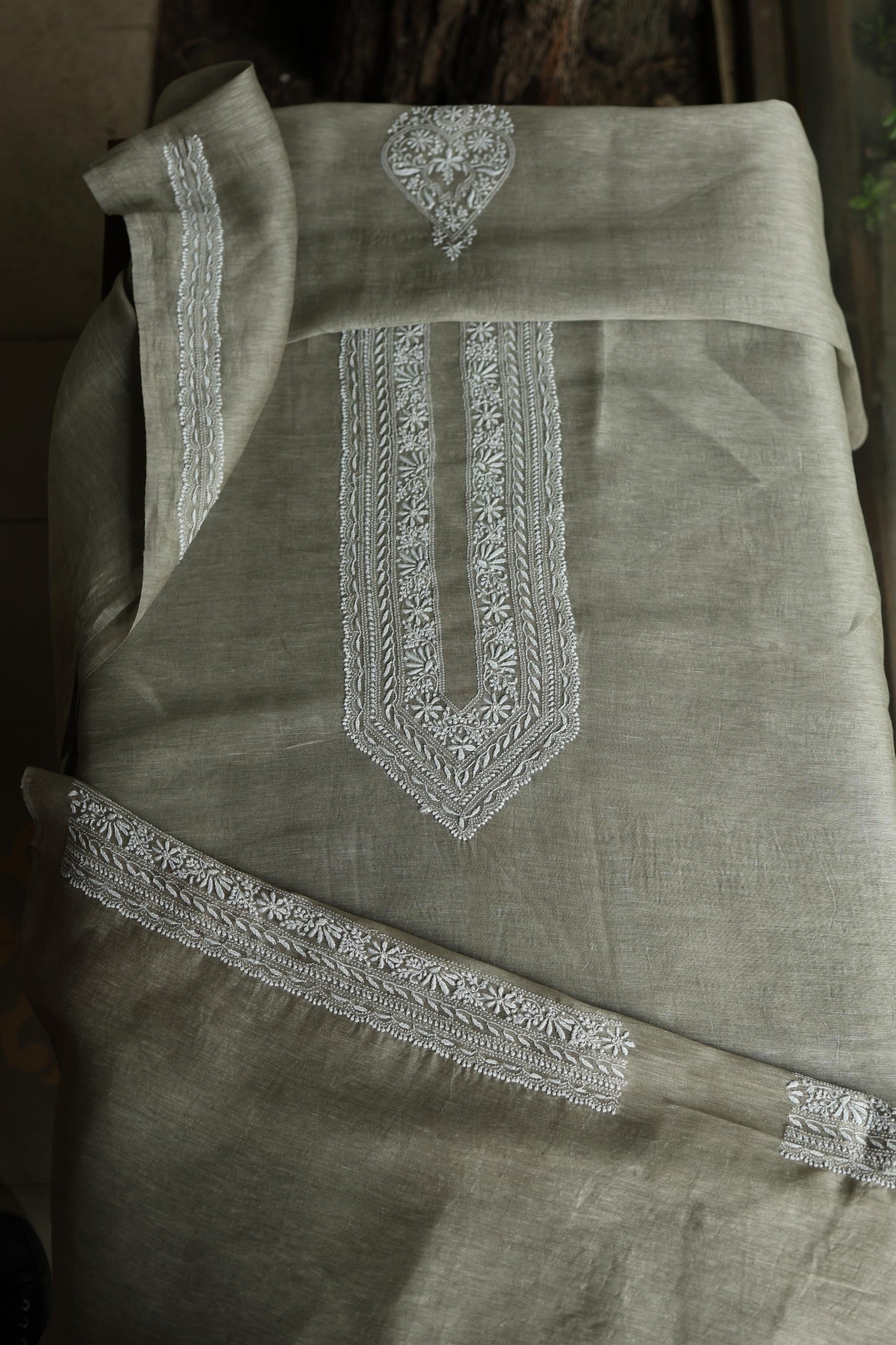 Sage Green Linen Chikankari Unstitched Men's Kurta Fabric