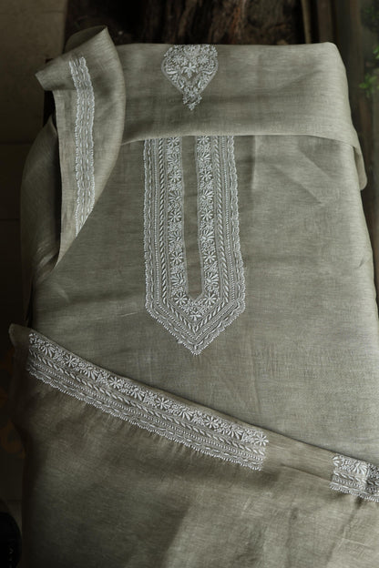 Sage Green Linen Chikankari Unstitched Men's Kurta Fabric
