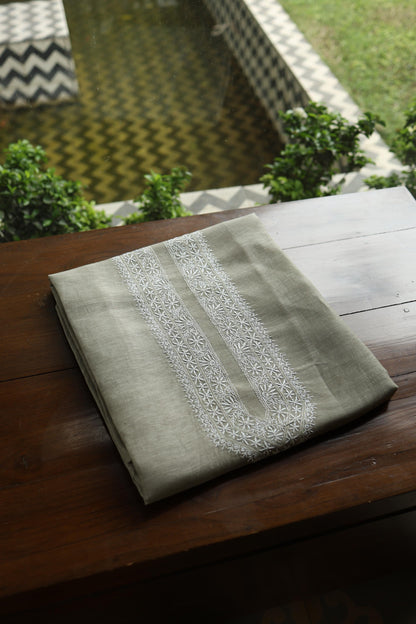 Sage Green Linen Chikankari Unstitched Men's Kurta Fabric