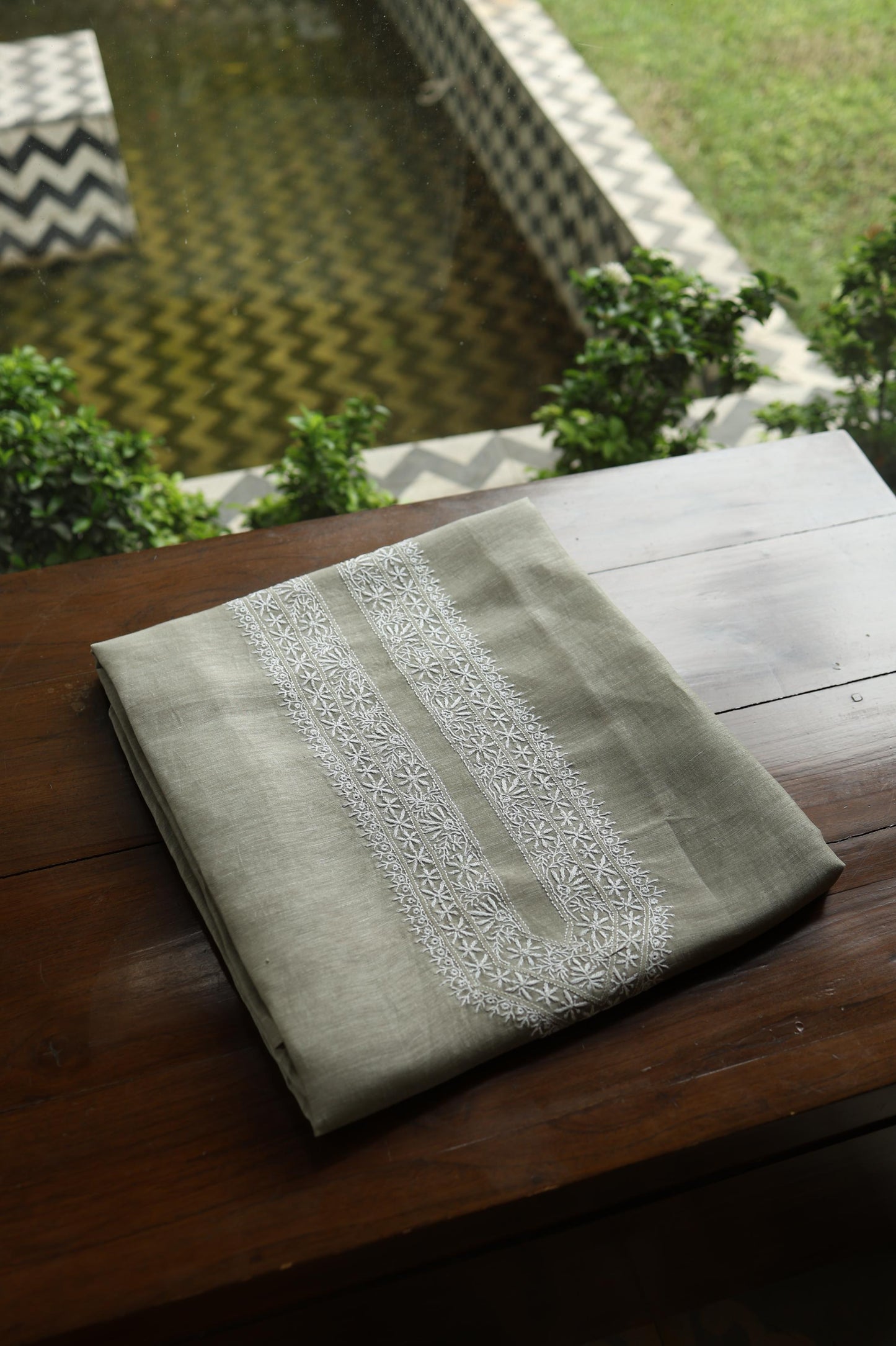Sage Green Linen Chikankari Unstitched Men's Kurta Fabric